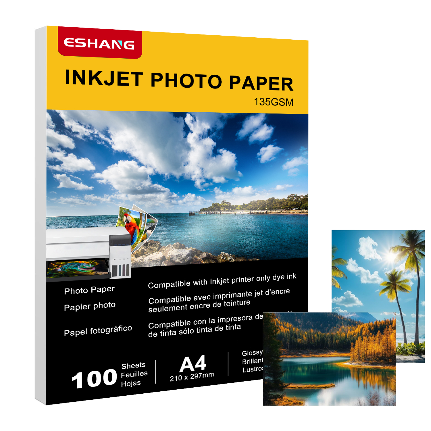 インクジェットプリンタ用光沢写真用紙、A4 8.3x11.7インチ 135gsm、100枚 プレミアムインクジェット用紙、染料インク対応