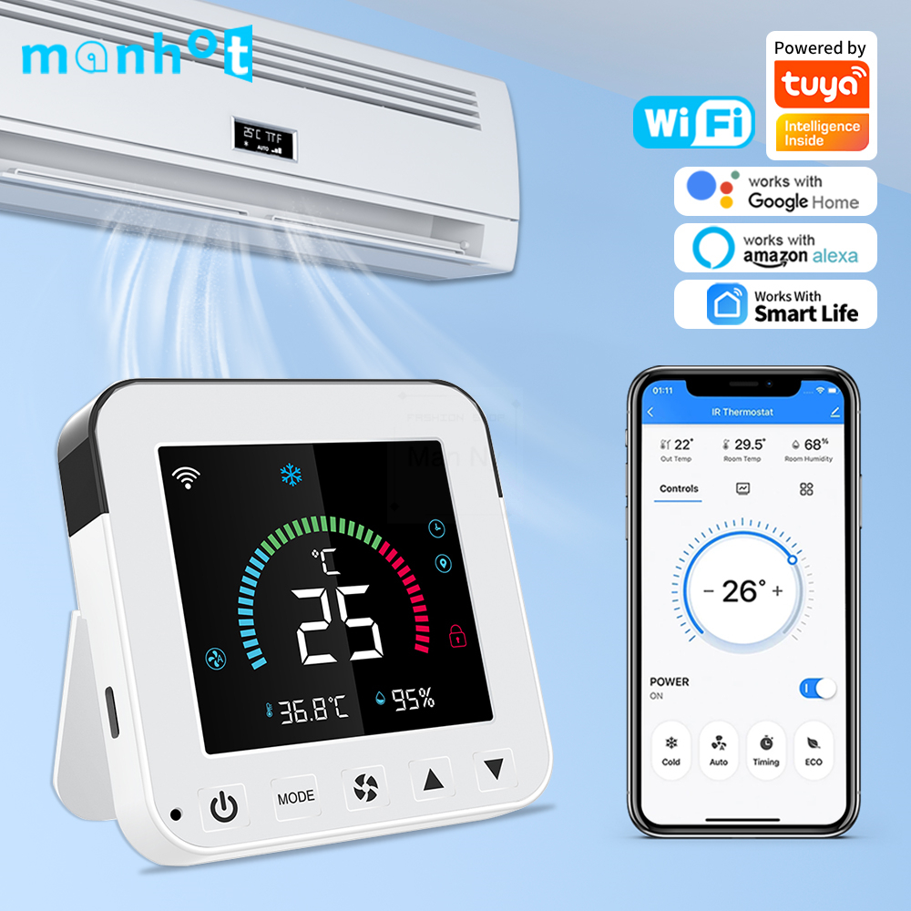 MANHOT Tuya WiFi スマートエアコン IR 温度サーモスタット湿度赤外線 USB 電源 LCD タッチスクリーン Google ホーム
