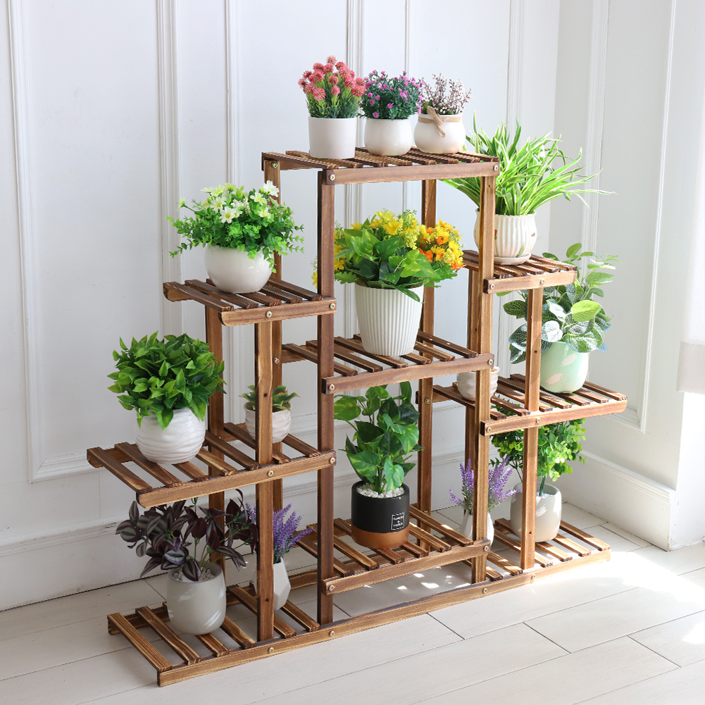 多段植物スタンド 9 段炭化木材フラワーラックディスプレイスタンド屋内