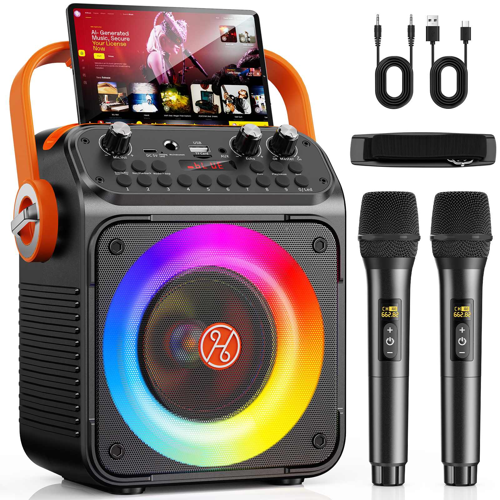 T35 ハイパワーカラオケ Bluetooth スピーカー音楽リズムライト 360 度ステレオサラウンドワイヤレスサブウーファーデュアルマイク付き
