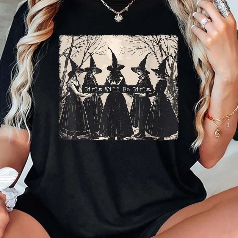 GIRLS WILL BE GIRLS 森の魔女プリントスポーツクルーネック Tシャツ春夏半袖 Tシャツトップスルーズシャツ