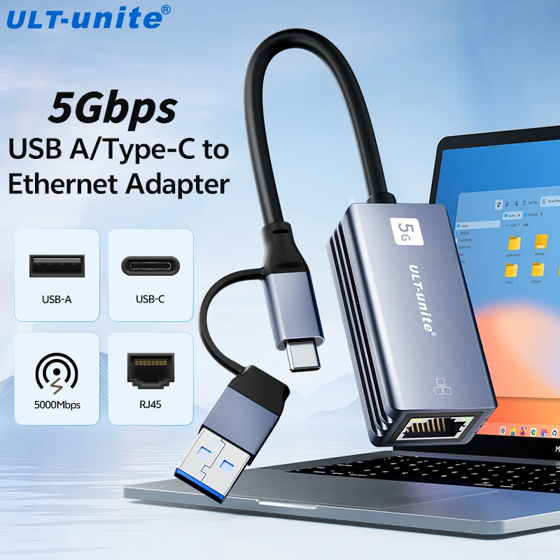 5Gbps USB - イーサネットアダプター、5000Mbps USB-C - RJ45 ネットワークコンバーター、2-in-1 Type C 5Gbps イーサネットカード (Windows、Mac OS 用)