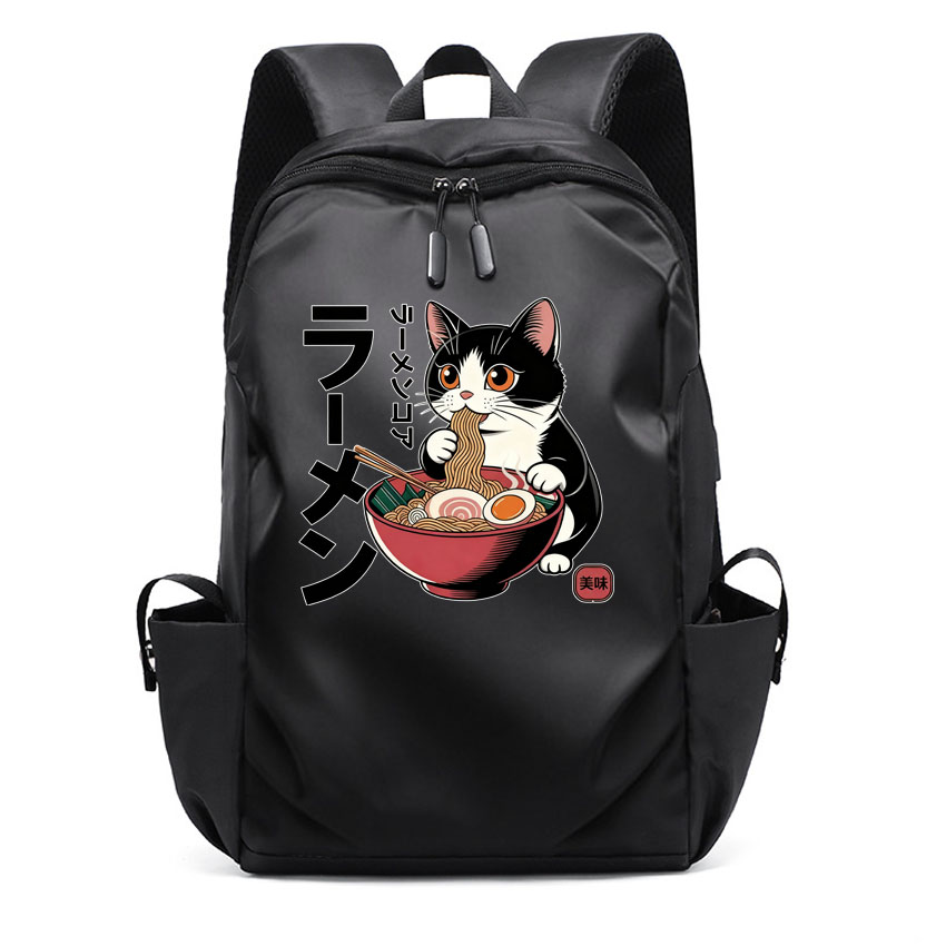 ラップトップ Usb バックパックスクールバッグおかしい漫画アニメラーメン猫柄プリントリュックサックバックバッグ男性女性レジャーバックパック