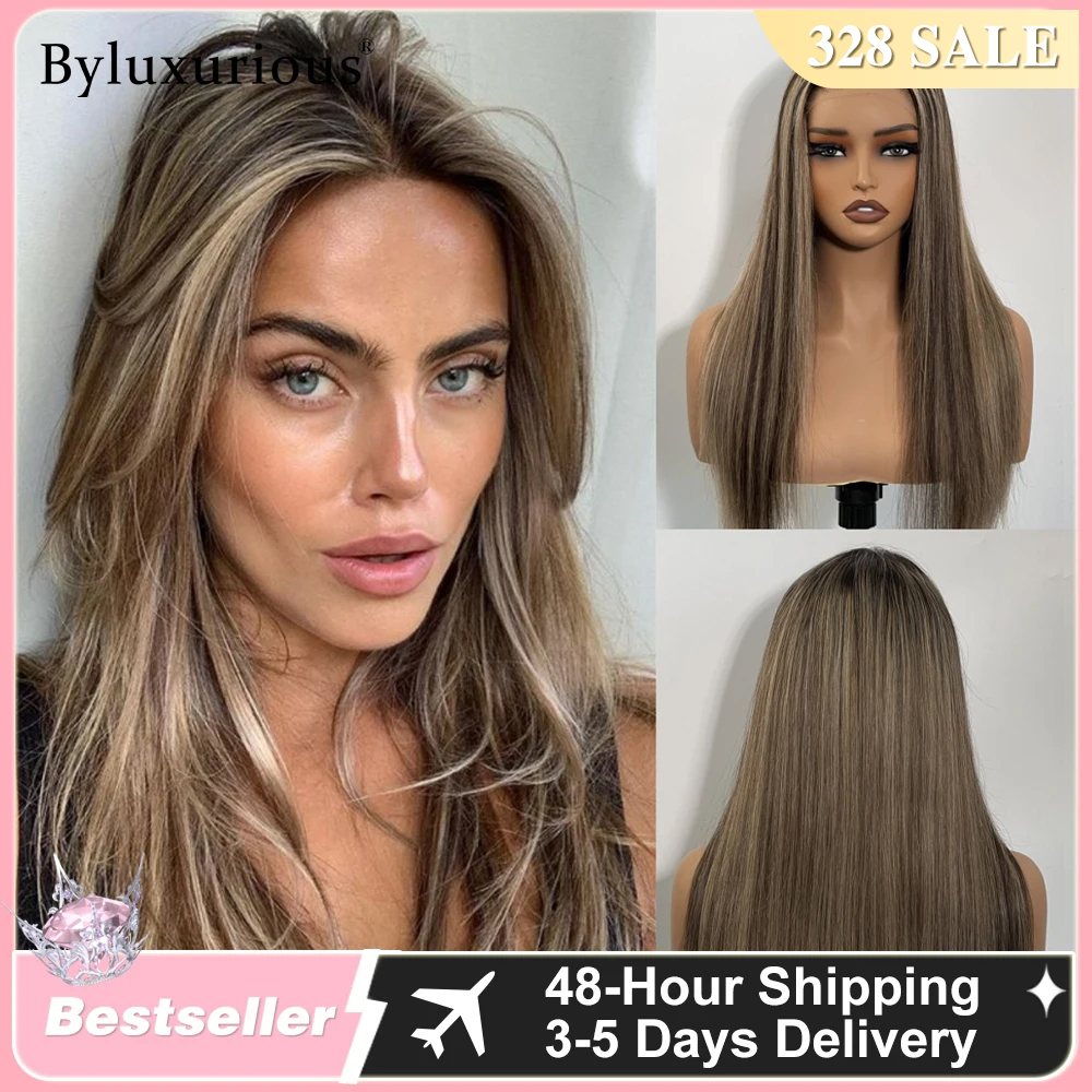 Byluxurious ハイライトクルミ光沢カラーなめらかなストレート 100% バージンヘアウィッグ 13 × 6 アップグレードヌードカラーレースウィッグ耐熱