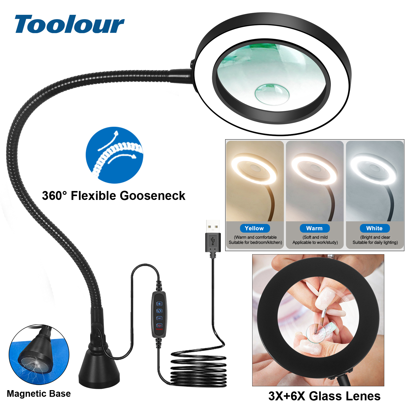 Toolour 3X 6X 照明拡大鏡 LED デスクランプ グースネックアーム磁気ベース虫眼鏡はんだごて修理/テーブルランプ
