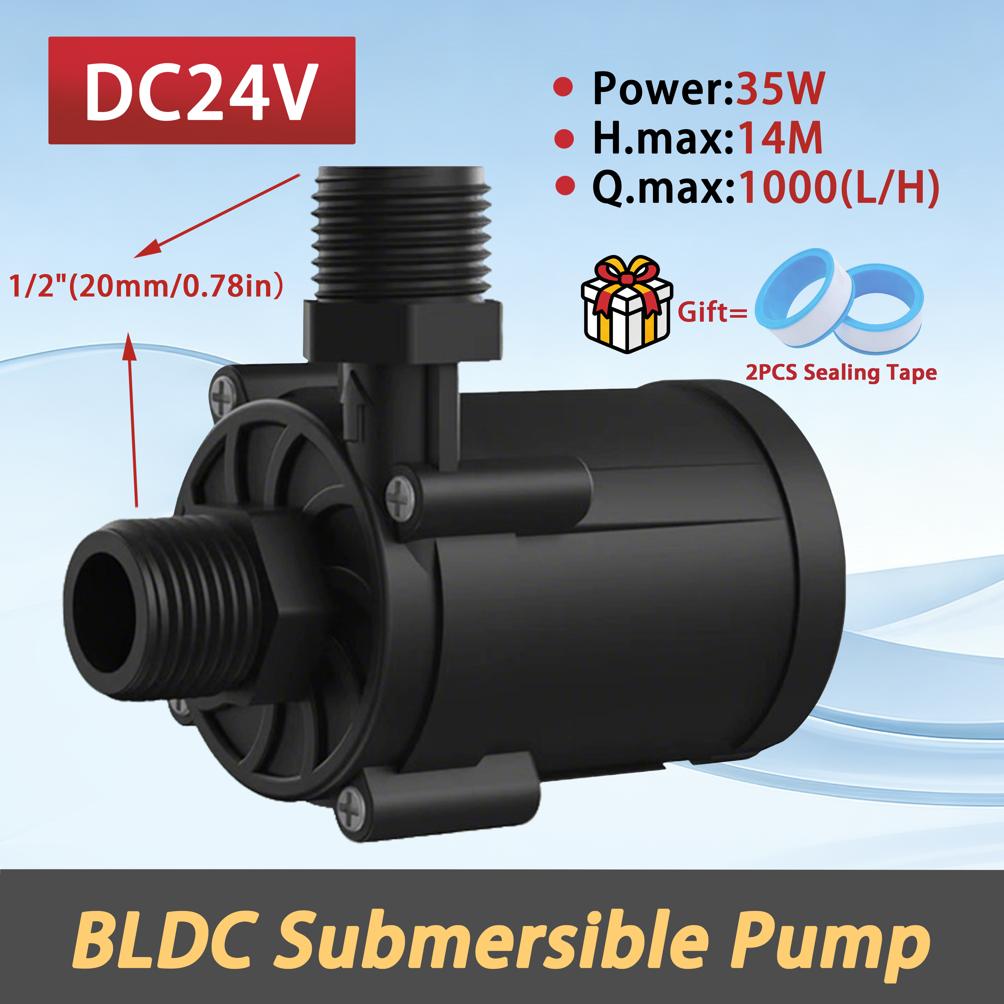 ブラシレス DC 24V 1000L/H 35 ワット水中ポンプ給湯器ブースターポンプ 1/2 インチ外部ねじ込みおよび出力ポート