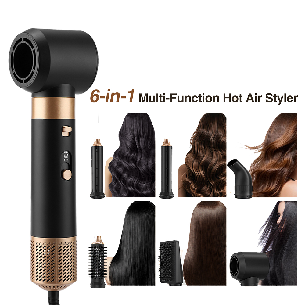 6 in 1 熱風スタイラー カーリング ストレート マイナスイオン ワンステップ ヘアドライヤー ブロー ドライ ブラシ セット サロン結果のためのボリュームアップ