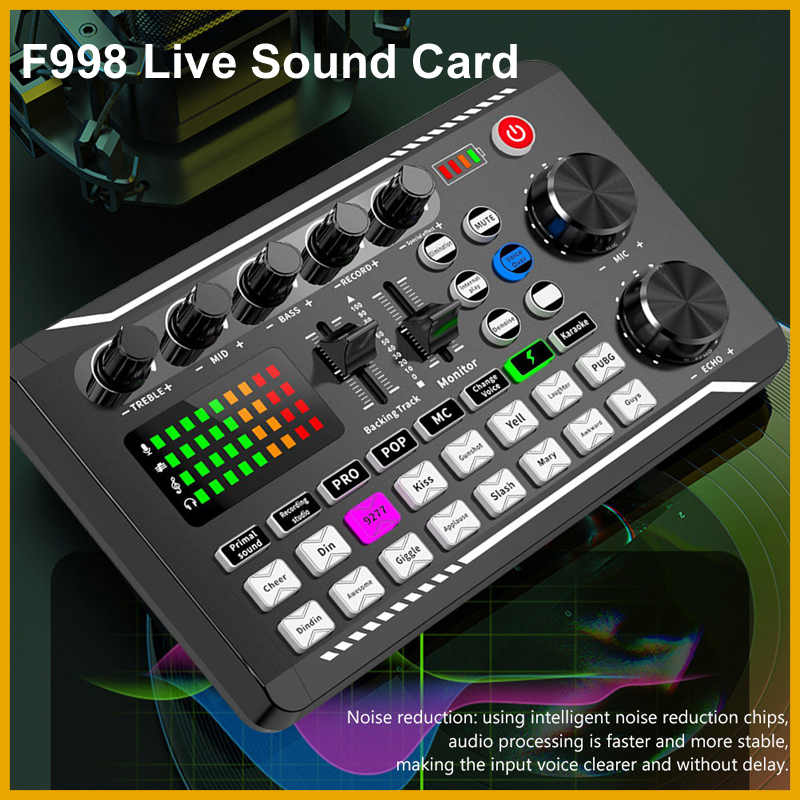 F998 ライブサウンドカードオーディオインターフェイス Bluetooth DJ ミキサーボイスチェンジャーステレオアンプ YouTube 電話ライブストリーミング用