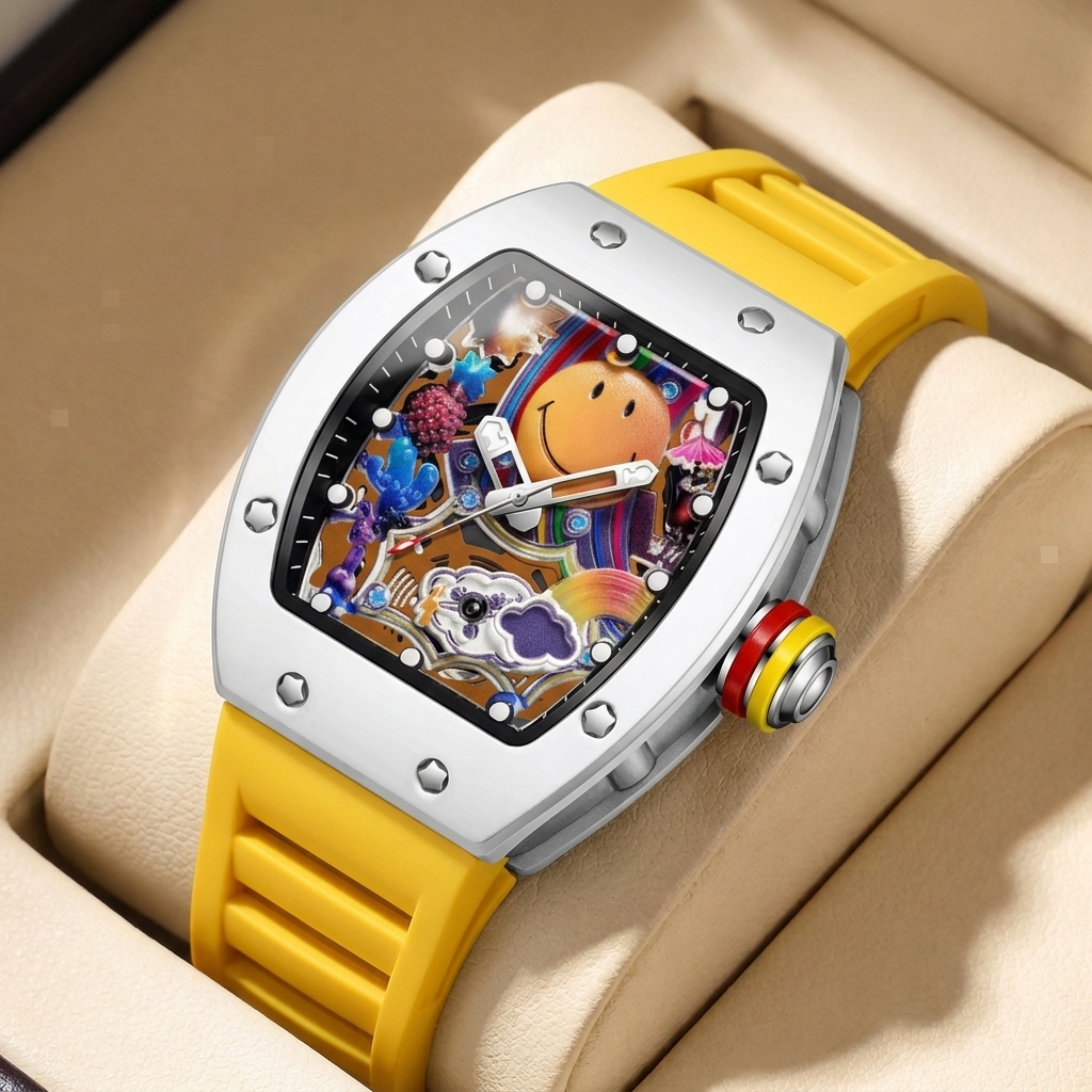 1 ピースかわいい笑顔カラフルなパターンイエローストラップスクエアウォッチファッション個性トレンディな日常着腕時計