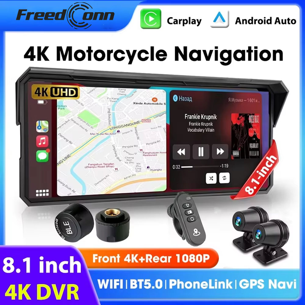 Freedconn オートバイナビゲーション GPS DVR Carplay Android 自動ポータブル 8.1 インチ IP67 防水ワイヤレスモトレコーダーモニター