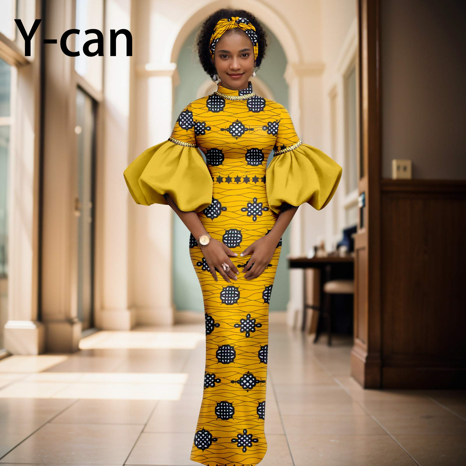 アフリカのドレス女性のためのファッションドレスパフスリーブカスタムガウンマッチヘッドバンド Dashiki アンカラプリントドレスパーティーイブニング 2425138