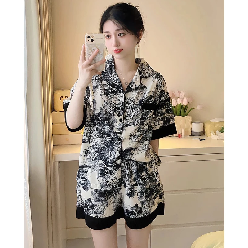 中国のエレガントな水墨画女性のパジャマ古代スタイルの古典的な風味パジャマ 2024 新しい夏のファッションネグリジェ