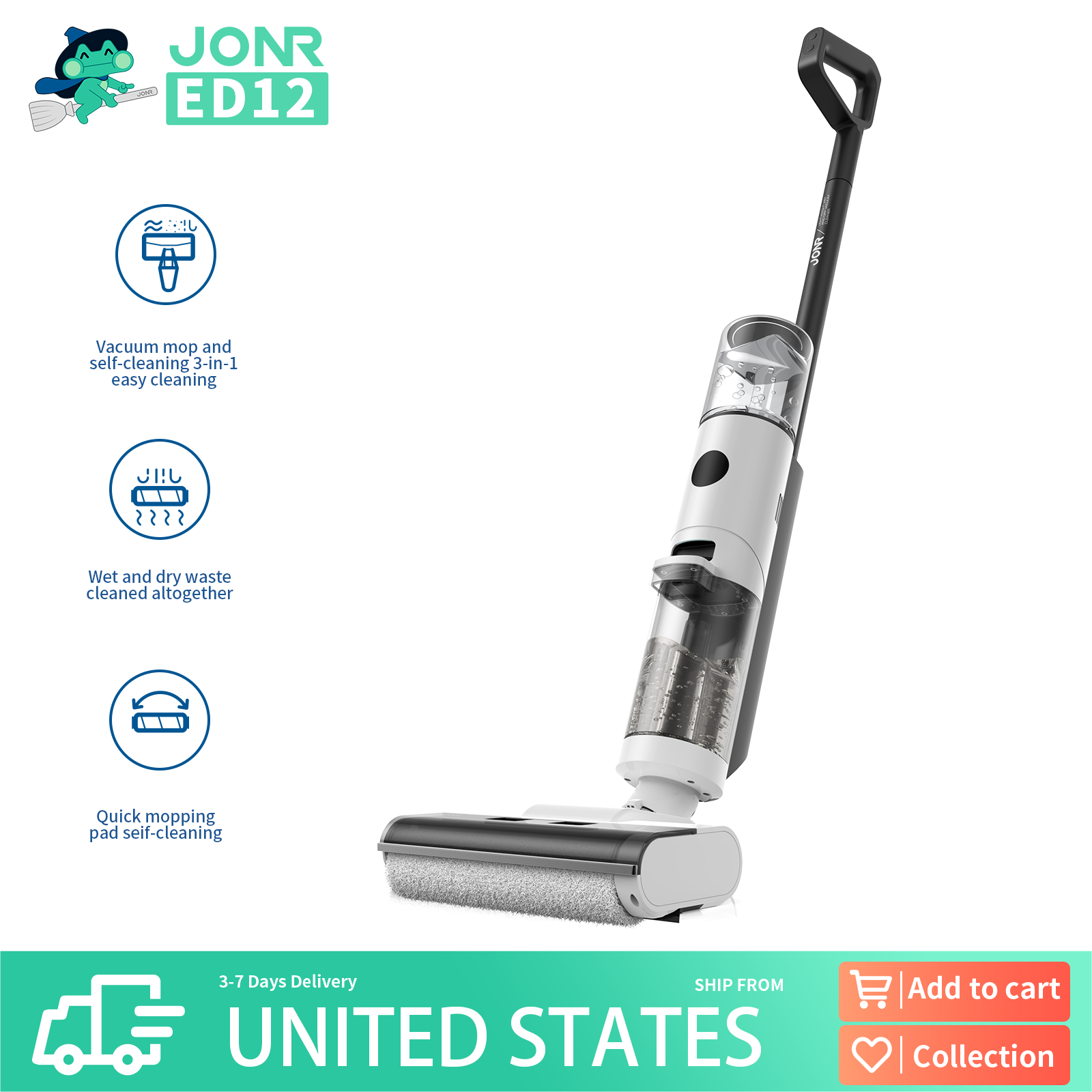 JONR ED12 ウェットドライスマート真空洗浄クリーナーワイヤレス洗浄床クリーナー/モップ水
