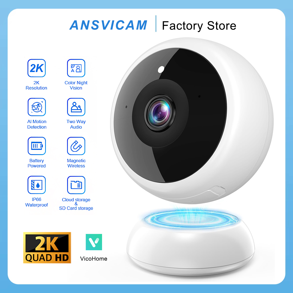 ANSVICAM 2K WiFi IPカメラ 屋外用 マグネット式バッテリー搭載 セキュリティカメラ 屋内用 カラー ナイトビジョン 防水 ワイヤレス監視
