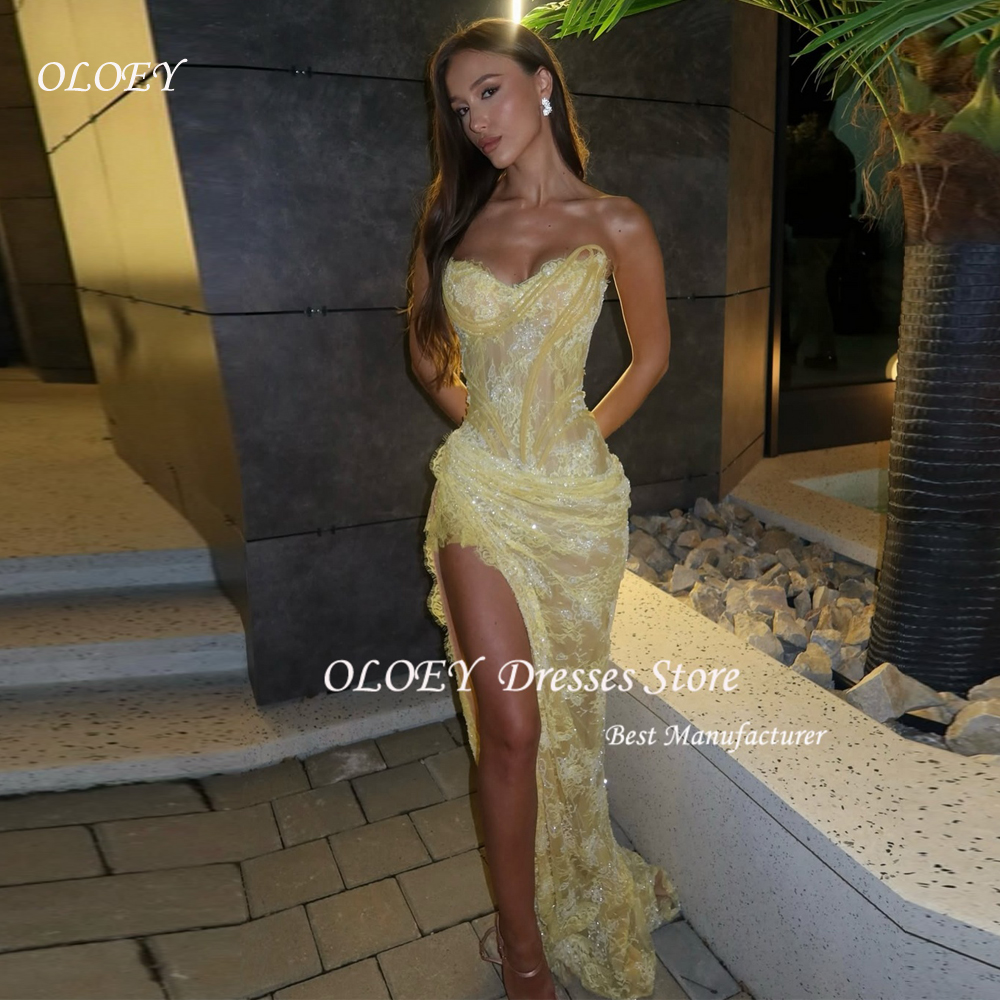 OLOEY 黄色のレースのイブニングドレス恋人セクシーなマーメイドウエディングドレスレースアップロングフォーマルイベントドレスカスタマイズ