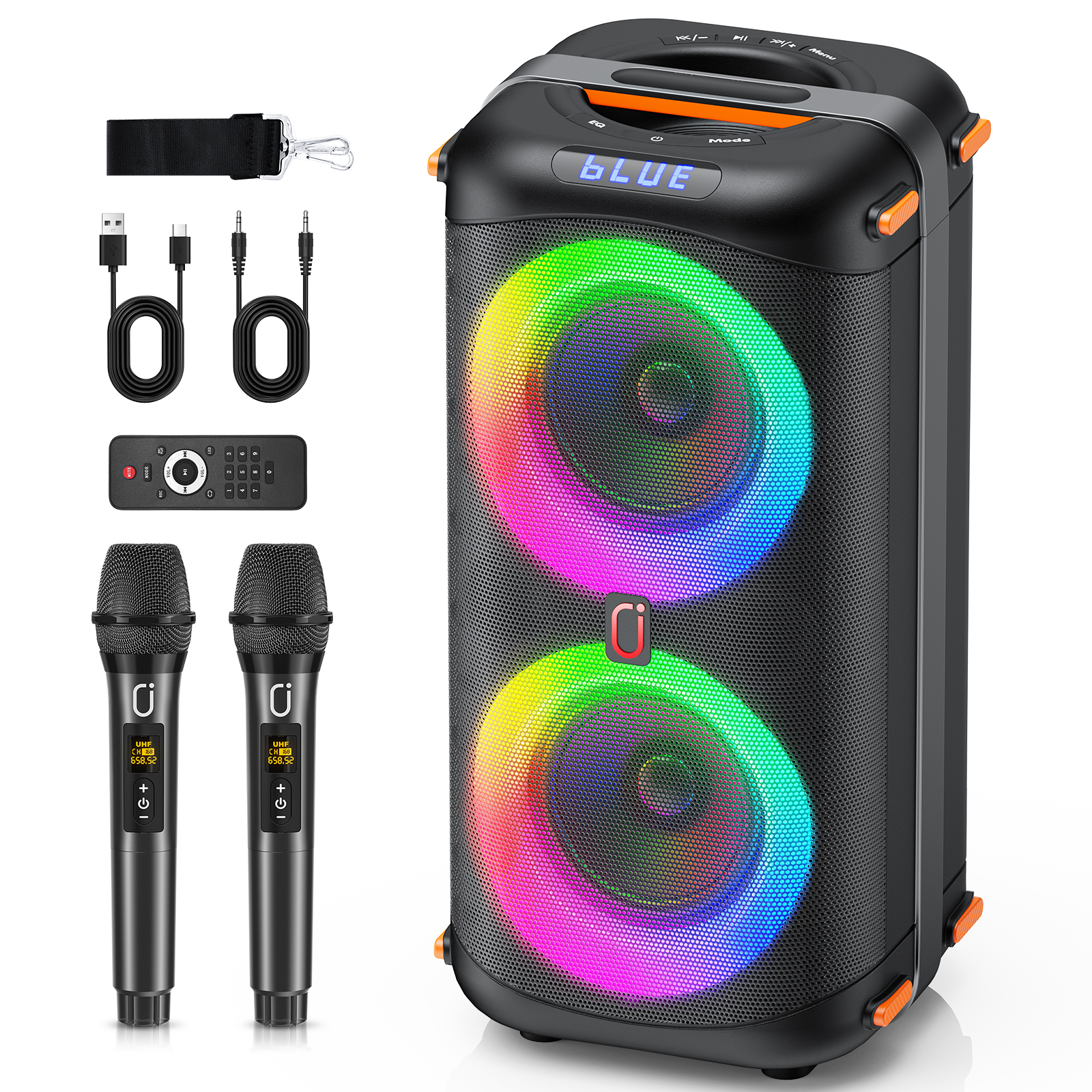 T27 ワイヤレス Bluetooth スピーカー、マイク 2 台付きカラオケマシン、LED ライト付きホームカラオケパーティースピーカー