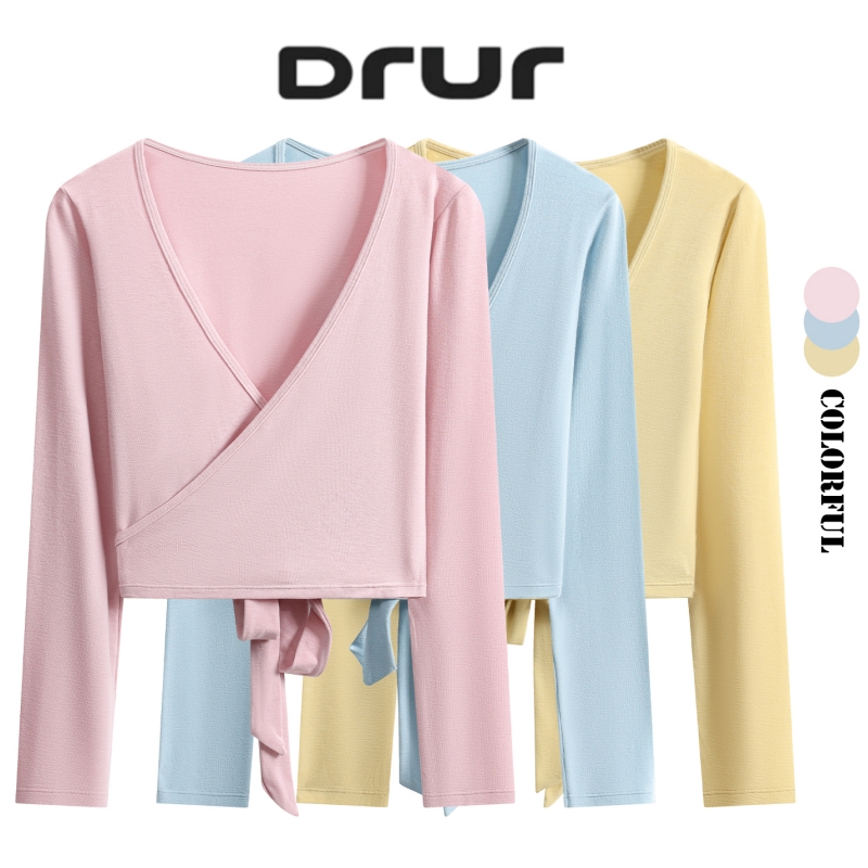 DRUR 長袖ラップヨガトップバックタイ付きスリムフィットディープ V ネッククロスラップアラウンドシャツワークアウトピラティスバレエヨガウェア