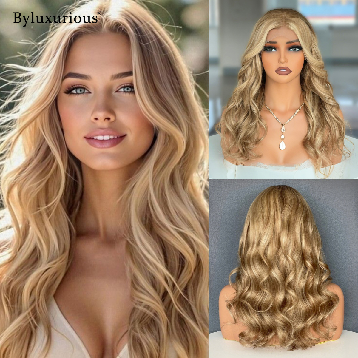 Byluxurious ハイライト ミスティムーン金メッキバレイヤージュ 100% バージンヘアウィッグ 190% 密度ビーチーウェーブ 13x4 アップグレードヌードカラーレースウィッグ