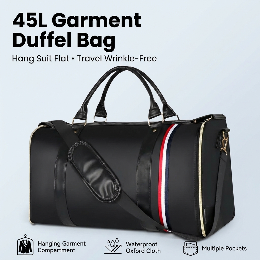 45L ガーメントダッフルバッグ メンズ、吊り下げガーメントコンパートメント付きスーツトラベルバッグ、防水ウィークエンダーバッグ