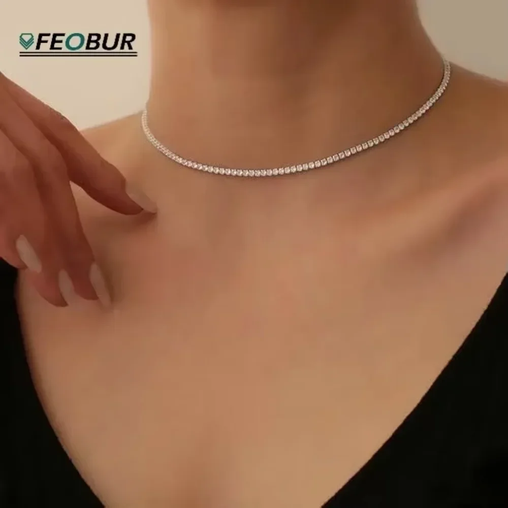 FEOBUR 2 ミリメートルモアッサナイトテニスネックレス女性のための S925 シルバーメッキ 18 18K ゴールド調節可能なフルダイヤモンドチョーカーネックチェーンジュエリー