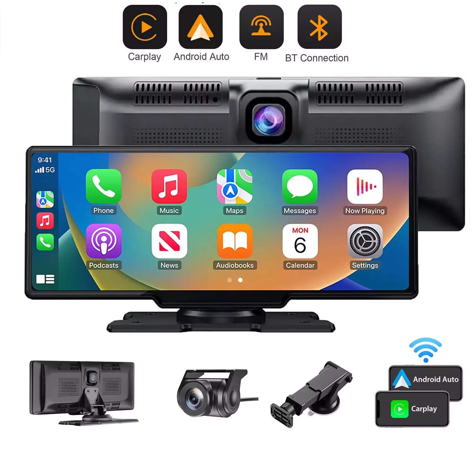 4K 10.26インチ タッチスクリーン 車 DVR ダッシュカム ワイヤレス Apple CarPlay Android 自動 デュアルレンズ ビデオレコーダー デュアル ダッシュカム DVR