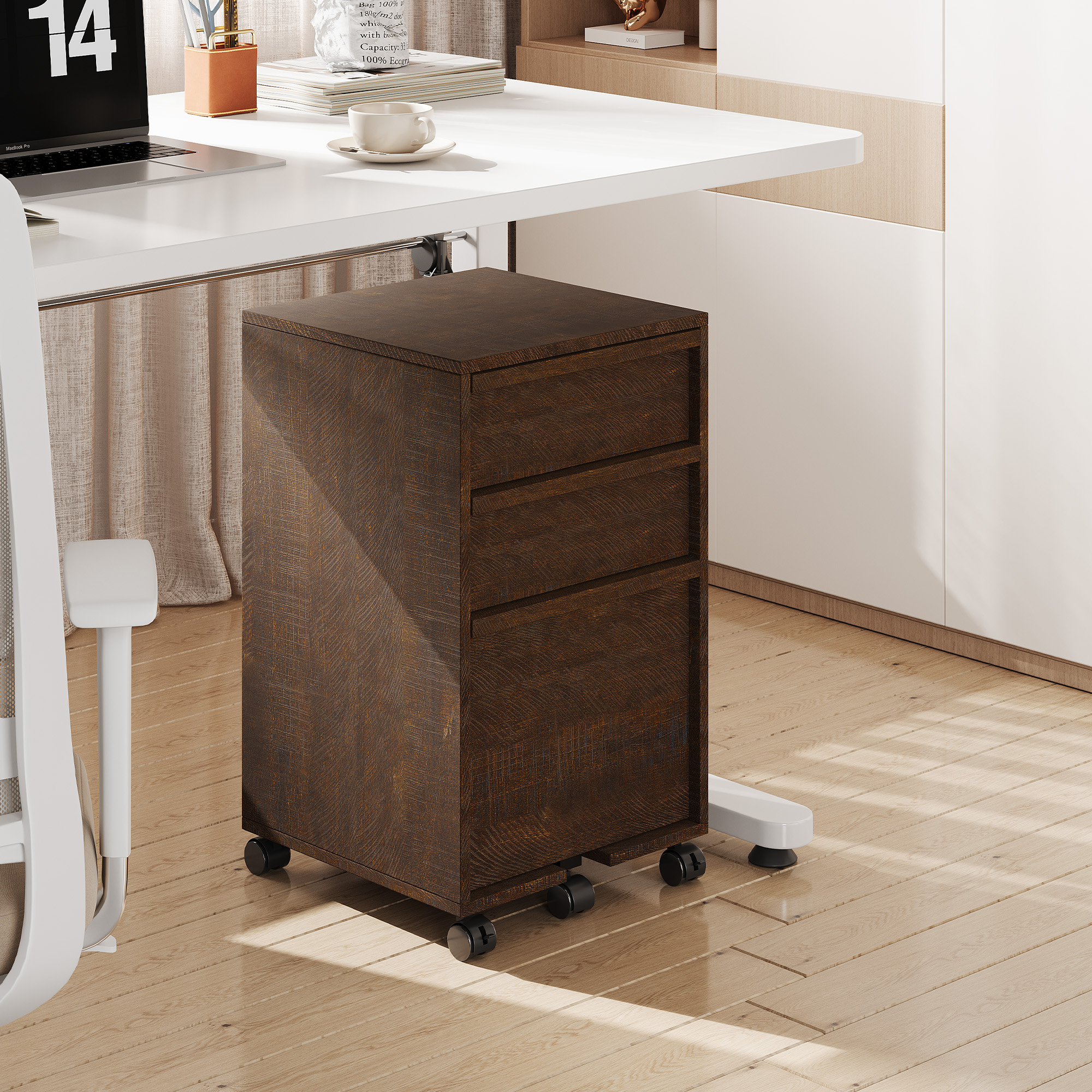 引き出し3つ付きローリングファイルキャビネット、ホームオフィス用木製モバイルファイリングキャビネット、車輪付きデスク下プリンタースタンド、大型ファイル引き出し、ロックキャスター2個