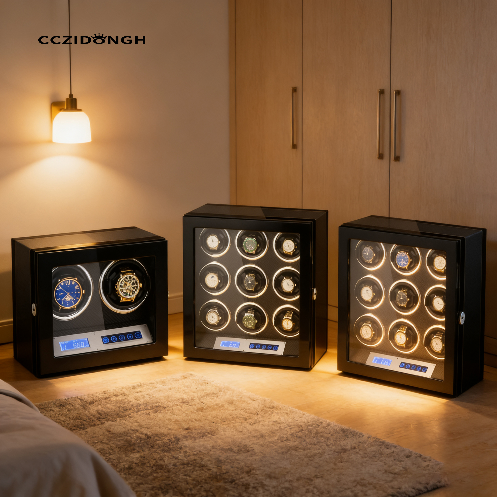 CCZIDONGH 高品質日本モーター LED ウォッチワインダー木製ジャイロウォッチワインダーセキュリティ金庫ウォッチワインダー