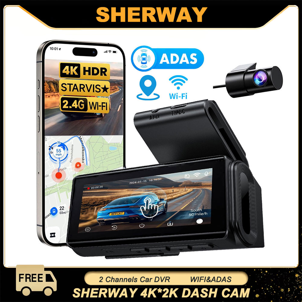 4k 2K 2チャンネルダッシュカムADASフロントリア車カメラGPS WiFiタッチスクリーン運転車DVR 24H駐車モニターブラックボックス付き