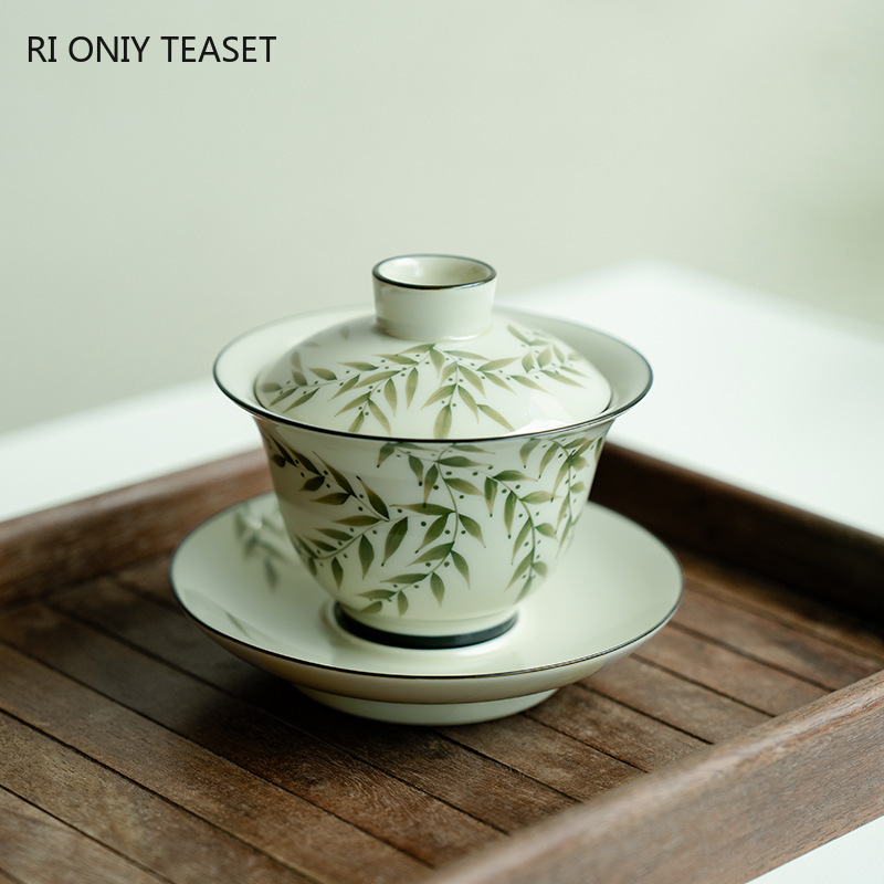 140 ミリリットル中国セラミック Gaiwan 手描き緑の竹の葉茶チュリーン旅行ポータブル手作り磁器茶ボウル茶器