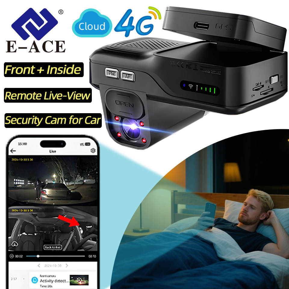 E-ACE 4G LTE ダッシュカム 車用ブラックボックス フロントおよび内側レンズ GPS リモートライブビュー 赤外線ナイトビジョン 車用安全ビデオレコーダー