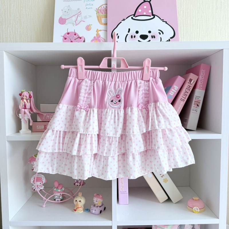 甘い日本の弾性ウエストピンク水玉スカートかわいいファッションパッチワークルーズショートスカート女性のデザイン弓素敵な衣装