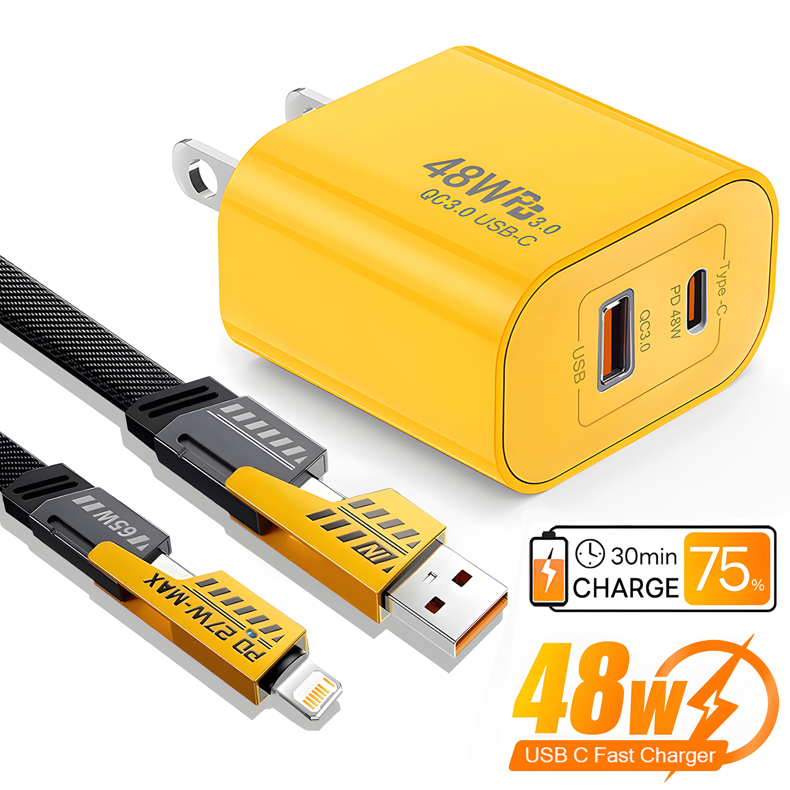 48W 急速充電器セット 4 in 1 2M USB C ケーブル マルチポート壁アダプター iPhone 17 17 Air 16 15 Pro Max Samsung Galaxy S26 S25 S24 Ultra iPad AirPods ユニバーサルトラベルパワーブロック用