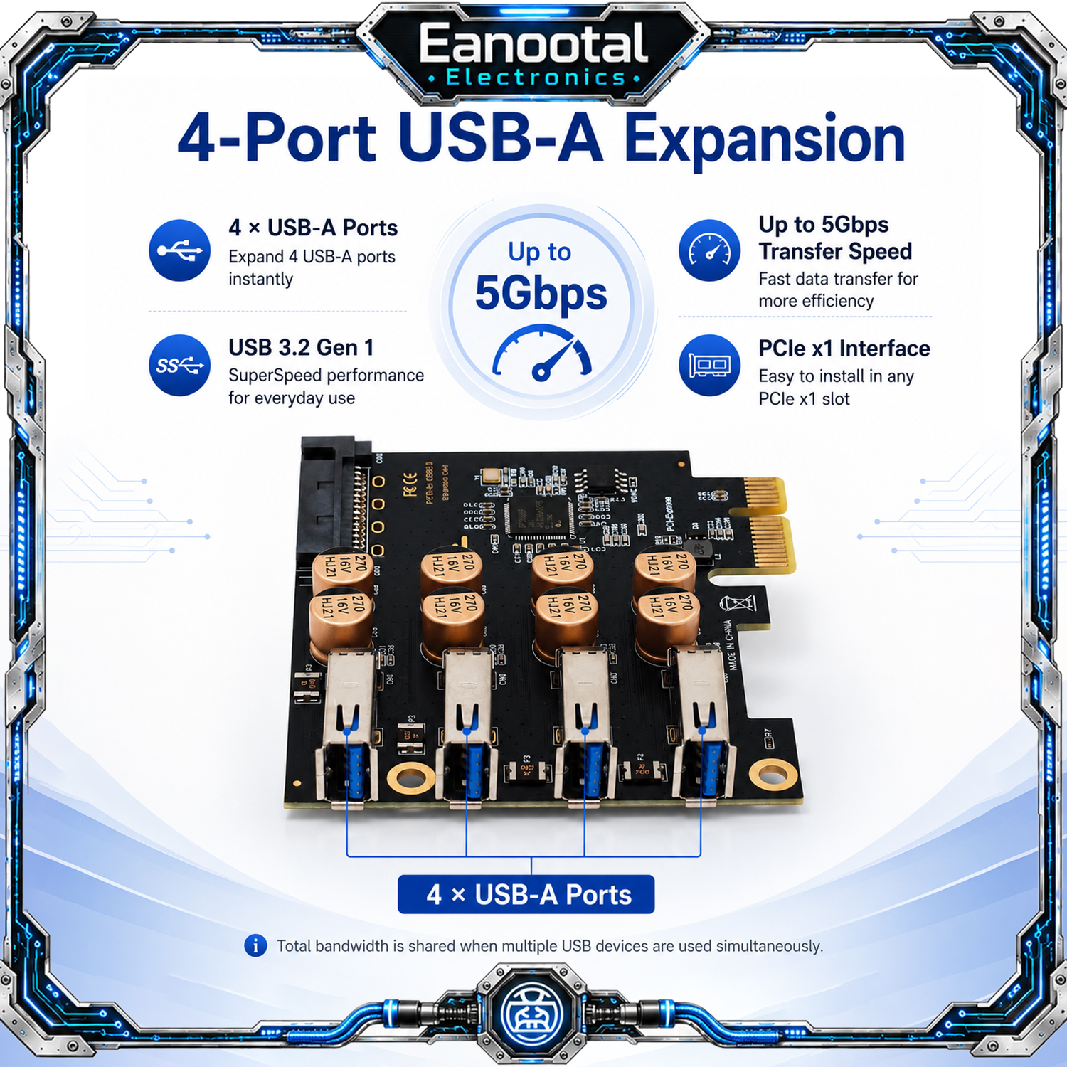PCIe - USB 3.0拡張カード 4ポートUSB-A PCI-E x1アダプター SATA/4ピン/電源なし オプションで5Gbps高速デスクトップUSB拡張