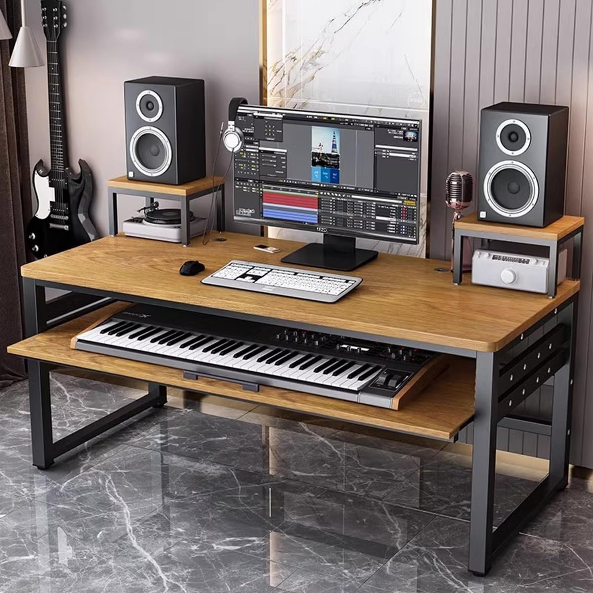 音楽制作スタジオデスク、MIDIキーボードスタンド付き多層コンピュータワークステーション、木製および金属フレーム