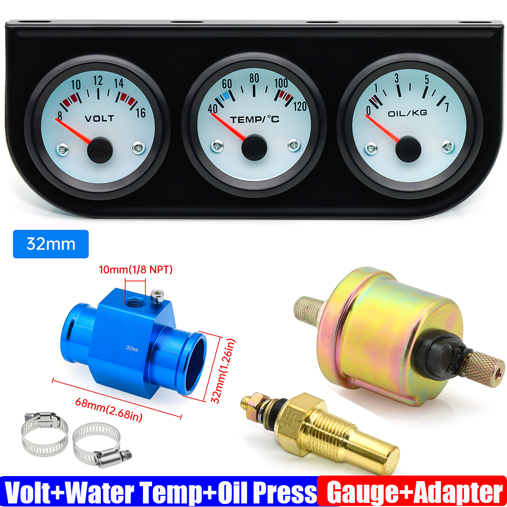 3IN1 トリプルメーターキットガソリン車 12V 52 ミリメートル電圧水温油圧計センサーラジエーターホースアダプター 26 ミリメートル-40 ミリメートル