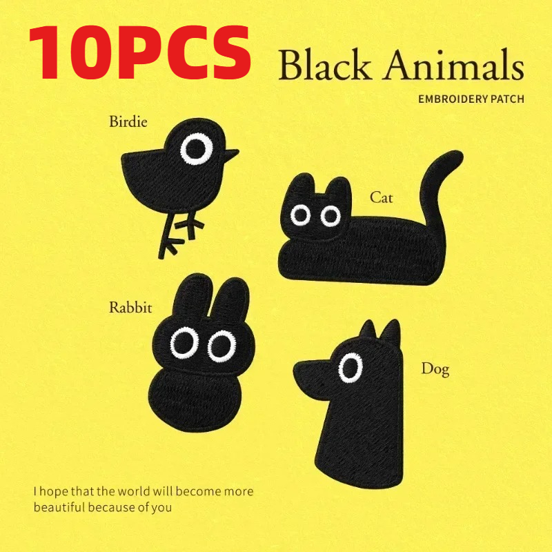 10 個かわいい黒動物漫画バッジ刺繍パッチアクセサリー衣類靴帽子バッグ DIY 縫製装飾 Stikers