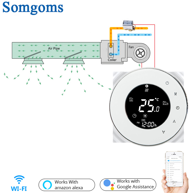 TUYA 2/4 パイプ WiFi エアコンサーモスタットタッチ温度ファンコイルユニットコントローラー 3 スピード動作 Alexa Google ホーム