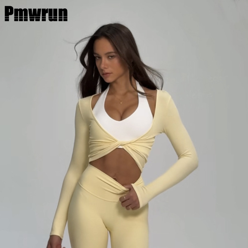 PMWRUN 女性ヨガトップツイストフロント長袖クロップドマルチカラーソフトストレッチジムヨガピラティス日常着