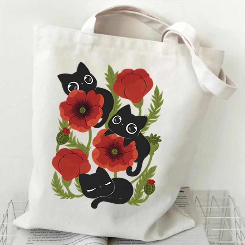 面白い黒猫プリント再利用可能な収納ハンドバッグかわいい動物パターン学生ショルダーバッグ花猫漫画女性のトートバッグ