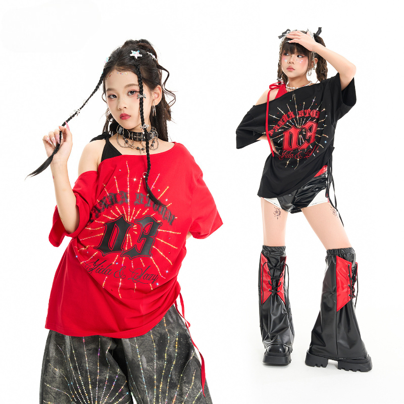 女の子ジャズステージ衣装 K-pop パフォーマンス服グループストリートダンススーツヒップホップダンス衣装赤黒トップだぶだぶのパンツセット