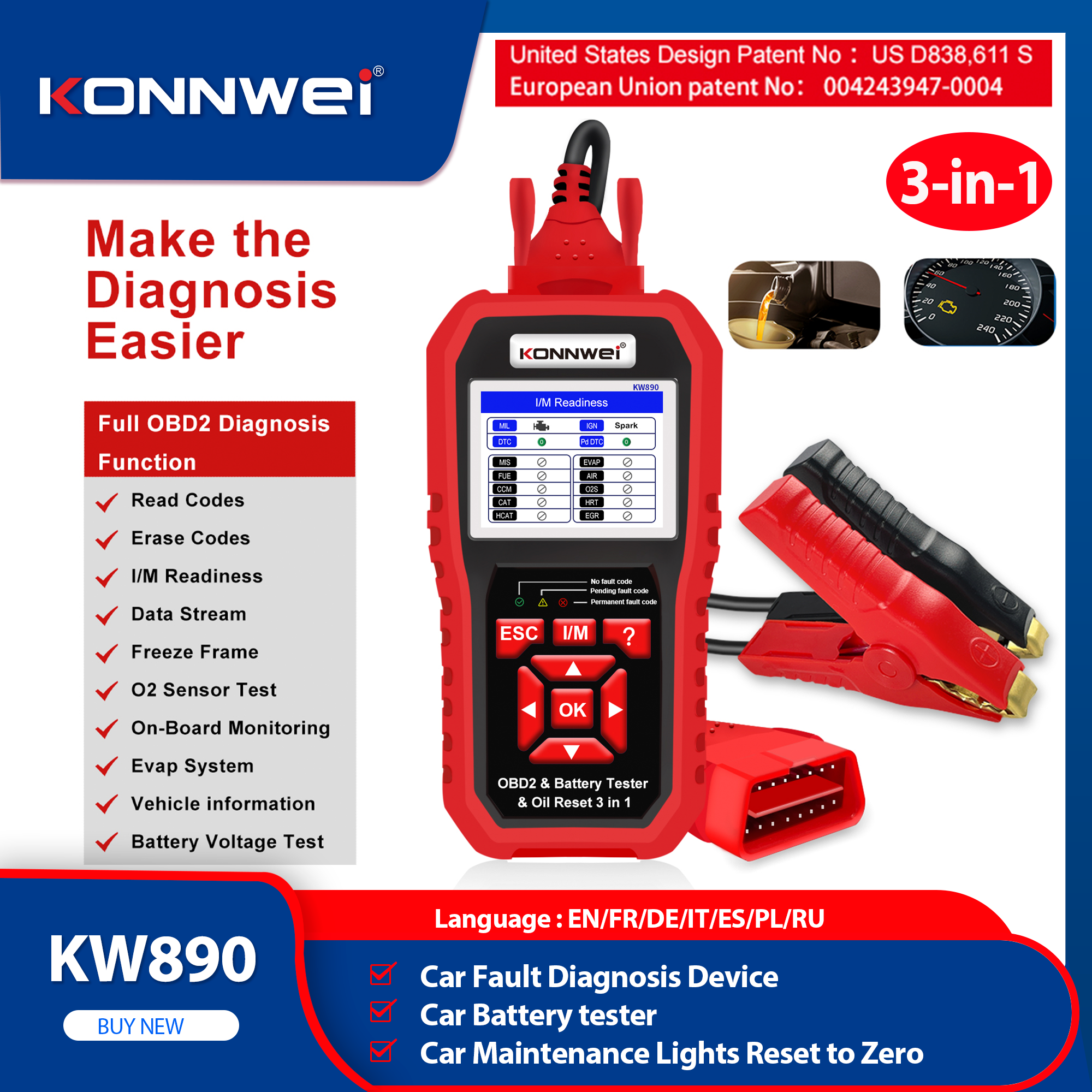 2026 KONNWEI KW890 12V 車 OBD2 バッテリーテスターアナライザー自動診断ツールバッテリーマッチ 3 in 1 車 OBDII スキャナーコードリーダー