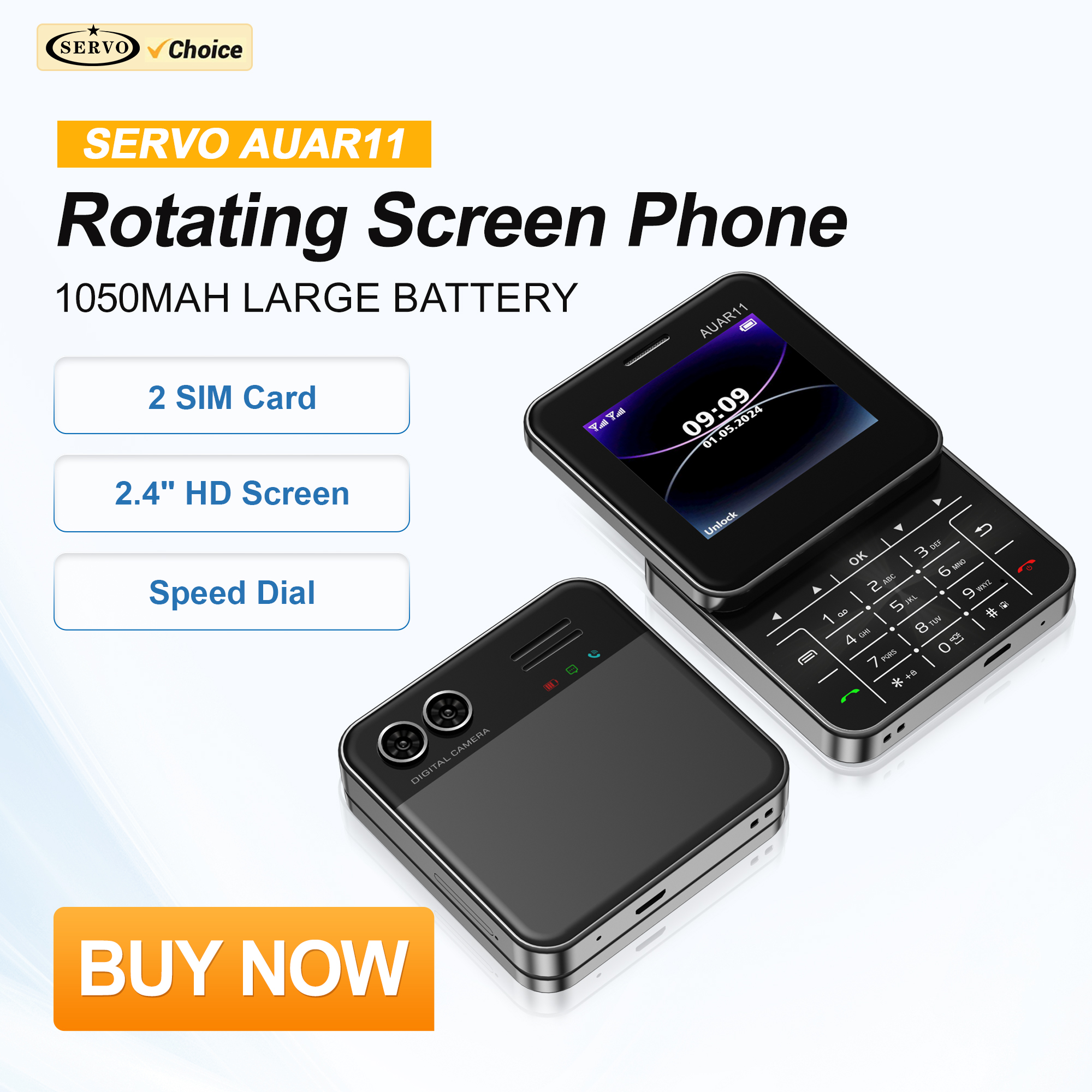 サーボ AUAR11 回転画面携帯電話 2 グラム GSM スピードダイヤルマジックボイスブラックリスト FM ラジオボタンスライド携帯電話 2 SIM スタンバイ