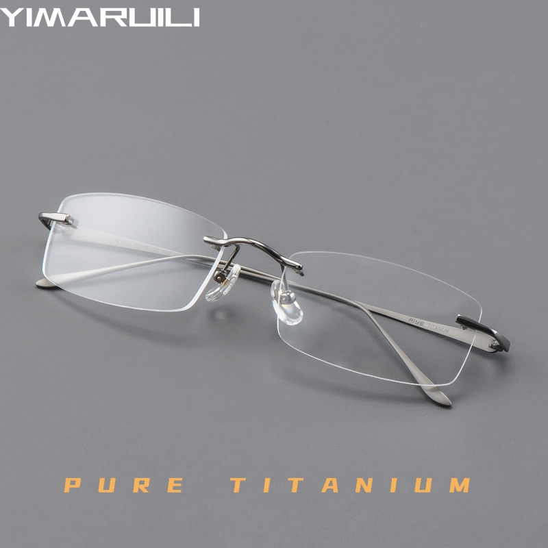 YIMARUILI 超軽量ファッションビジネスプレミアム純チタン眼鏡高級メンズ光学処方リムレスメガネ A8012T