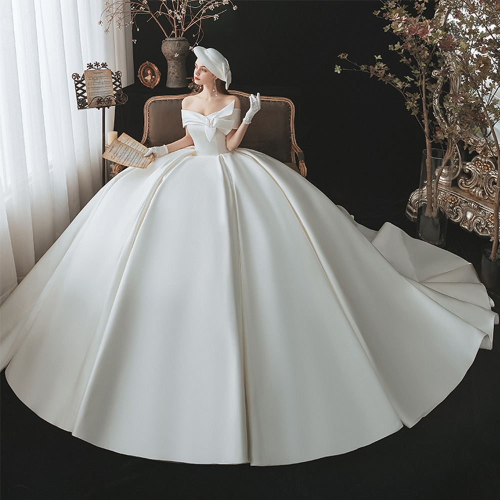 ローブデマリーサテンボールガウンウェディングドレスバックレースアップシンプル Vestidos De Noiva オフショルダー Hochzeitskleid 花嫁ドレス