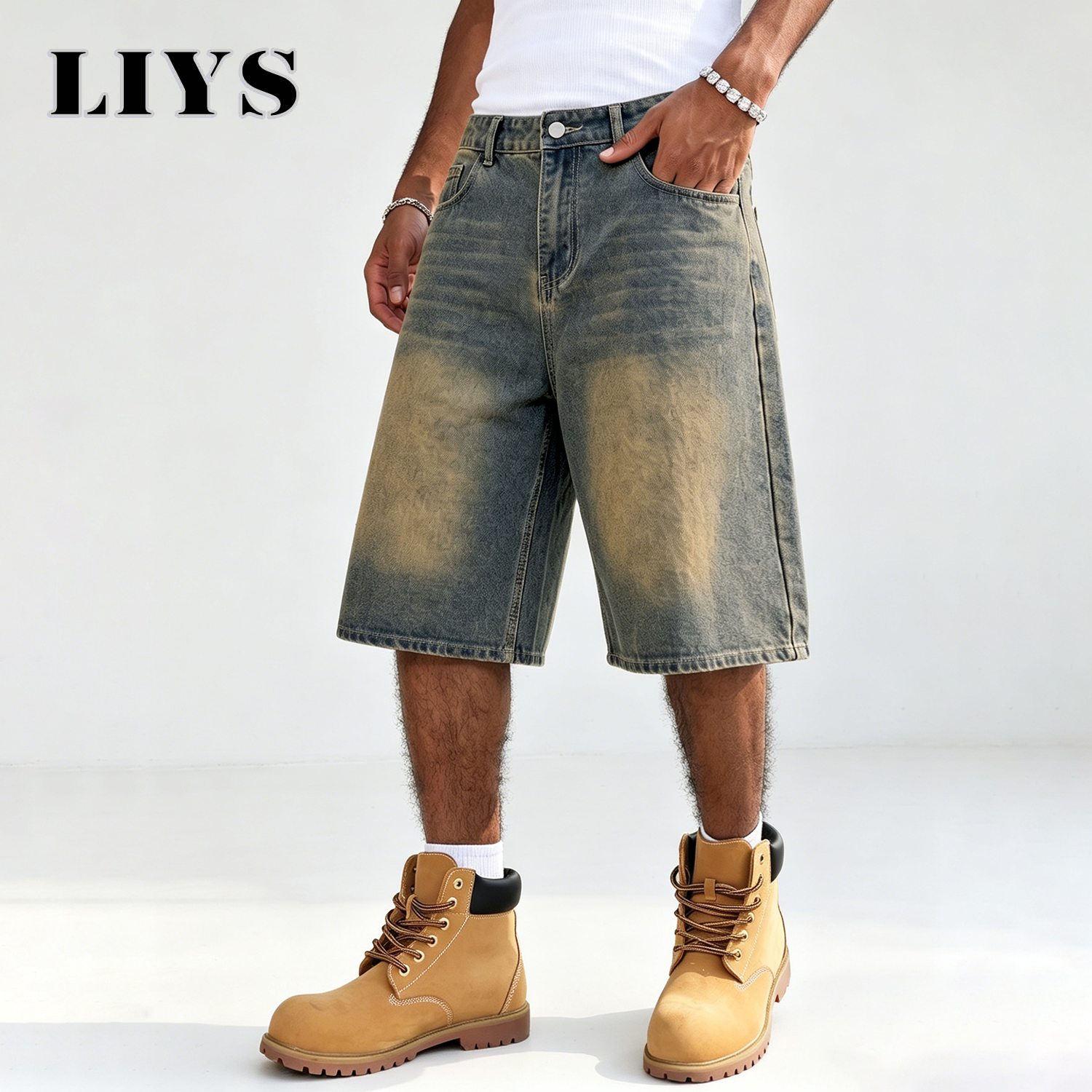 LIYS メンズカジュアルルーズワイドレッグファッションジーンズショートパンツ、夏の通勤膝丈デニムショートパンツアメリカンレトロストリートスタイル