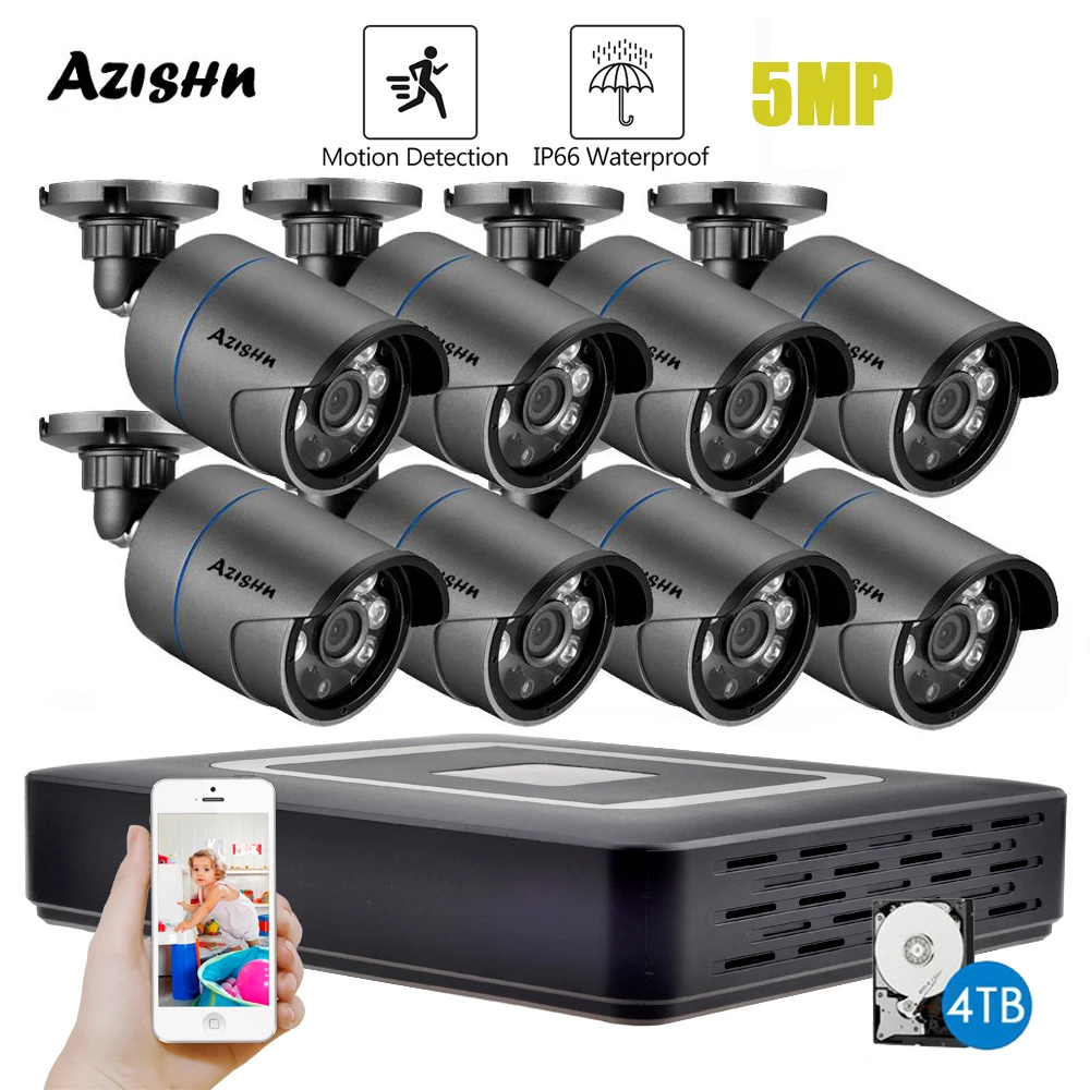 AZISHN H.265 8CH 5MP AHD DVR キット CCTV システム モーション検出 HD 屋外 IP66 弾丸カメラ XMEye アプリ P2P 監視セット