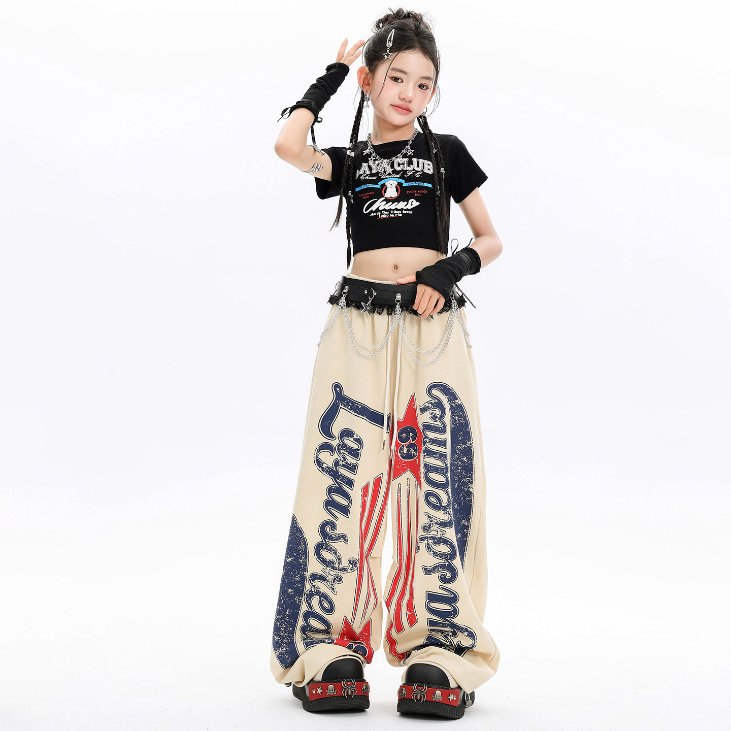 Kid Kpop Hip Hop Clothing Black Print Crop T Shirt Beige Letters Print Casual Sweat Pants for Girls Street Dance Costume Clothes