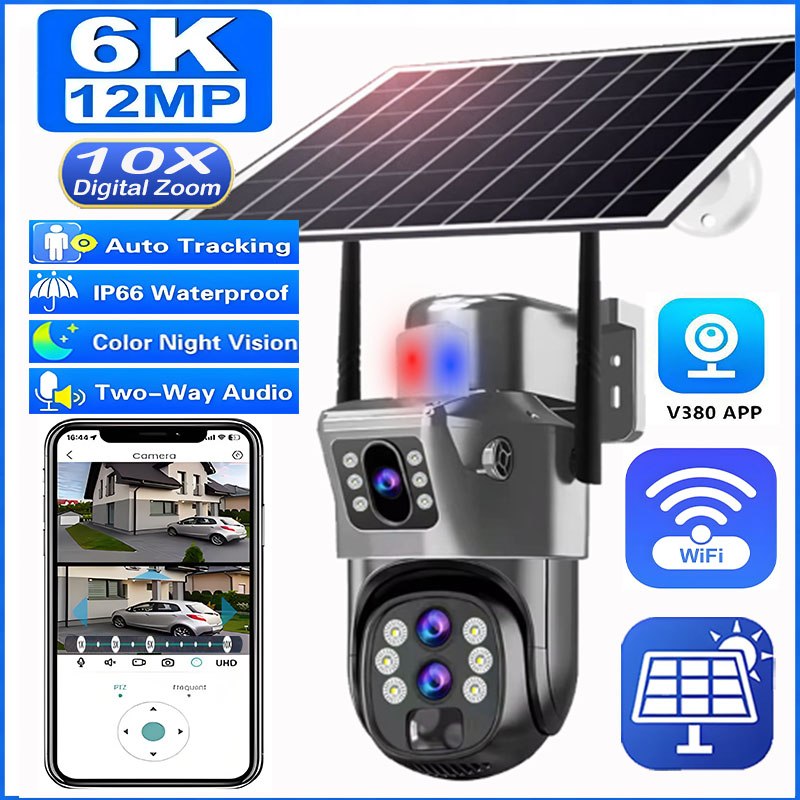 6K 10X ズーム WiFi 屋外ソーラーカメラ 3 レンズ 12MP HD ナイトビジョン PTZ 監視 PIR 自動追跡ワイヤレスネットワークカム