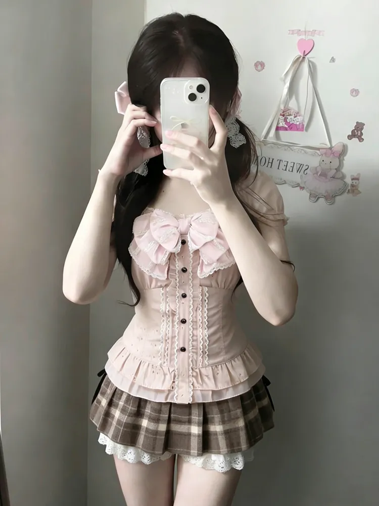 和菓子 3 点セット女性レースの弓ブラウスキャミトップチェック柄フリルミニスカート Y2K ヴィンテージかわいい韓国シックな衣装