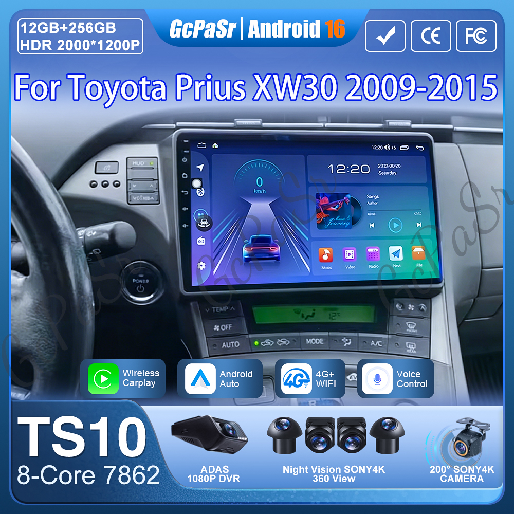 カーラジオ Carplay トヨタ プリウス XW30 2009-2015 ナビゲーション GPS アンドロイド 15 アンドロイド自動アンドロイド 15 2K ステレオ 4 グラムビデオなし 2din